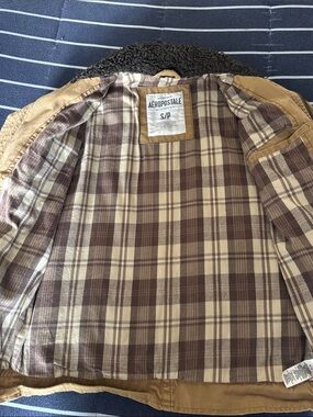 Aeropostale Tan Jacket with Brown Plaid Lining and Dark Sherpa Collar